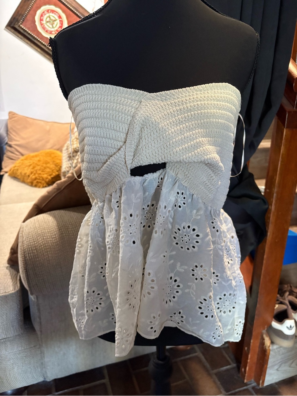 Zara White Eyelet Strapless Smocked Tube Top